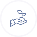 Icon of a hand holding a small sprout inside a circular border.