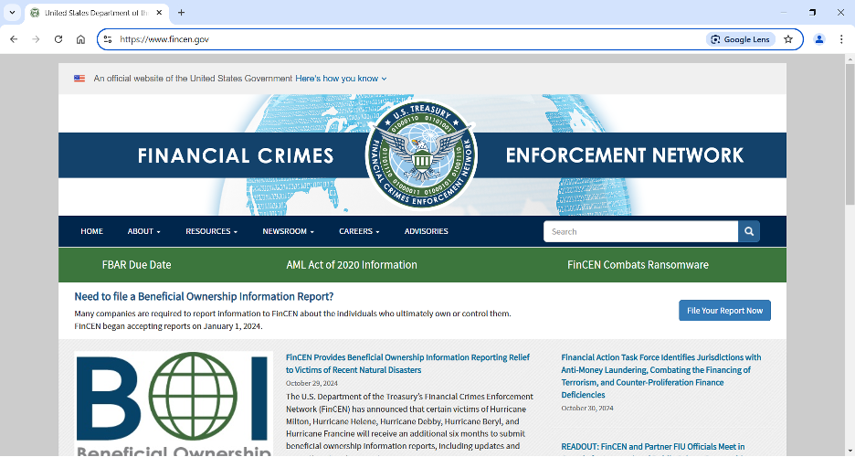 Screenshot of a U.S. DOJ Financial Crimes Enforcement Network webpage.