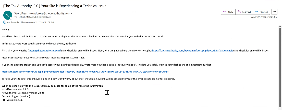 Email notification about website technical issue.